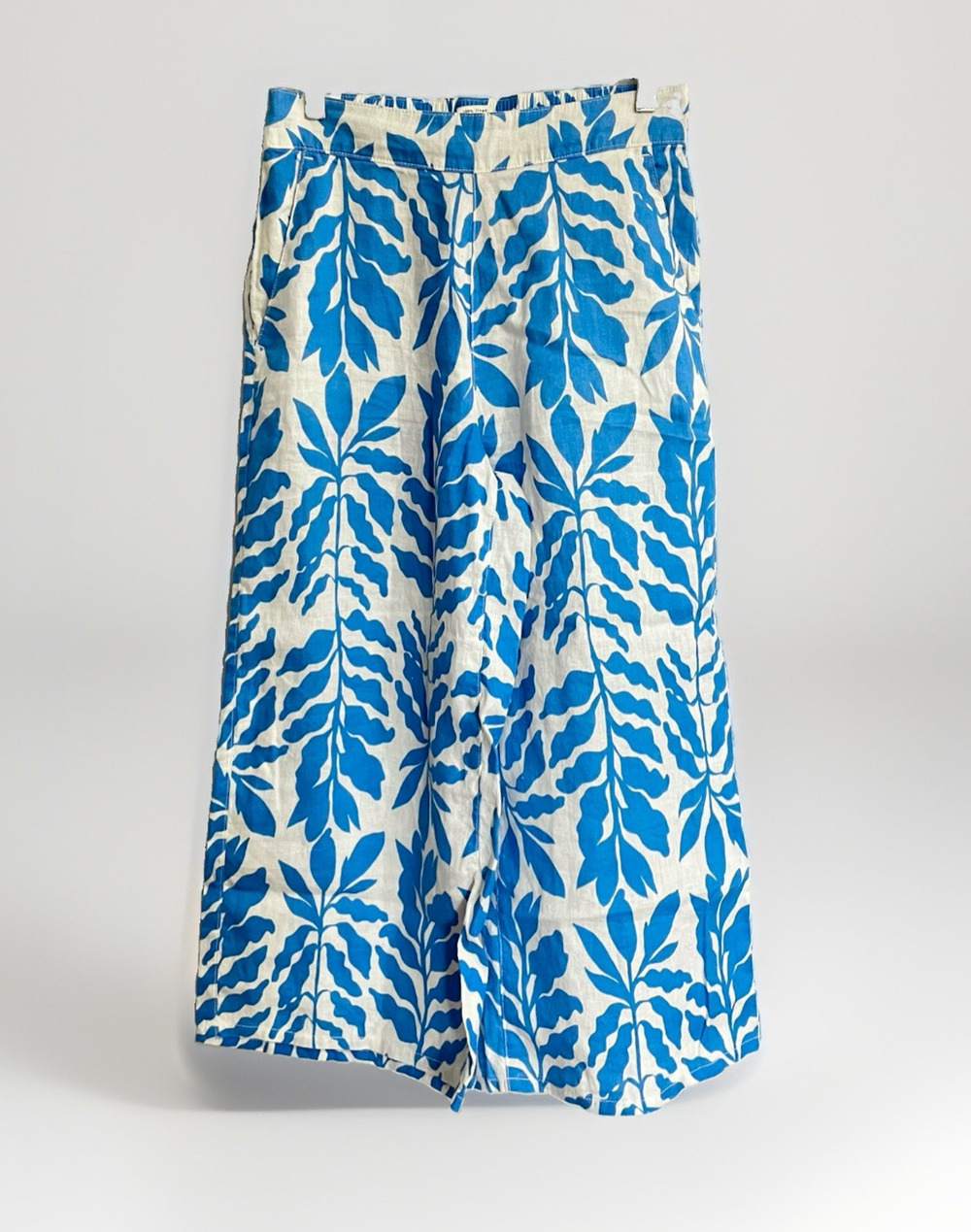 Rachel Zoe Wide Leg Pants Women Medium Blue Leaf Print 100% Linen Coastal Resort